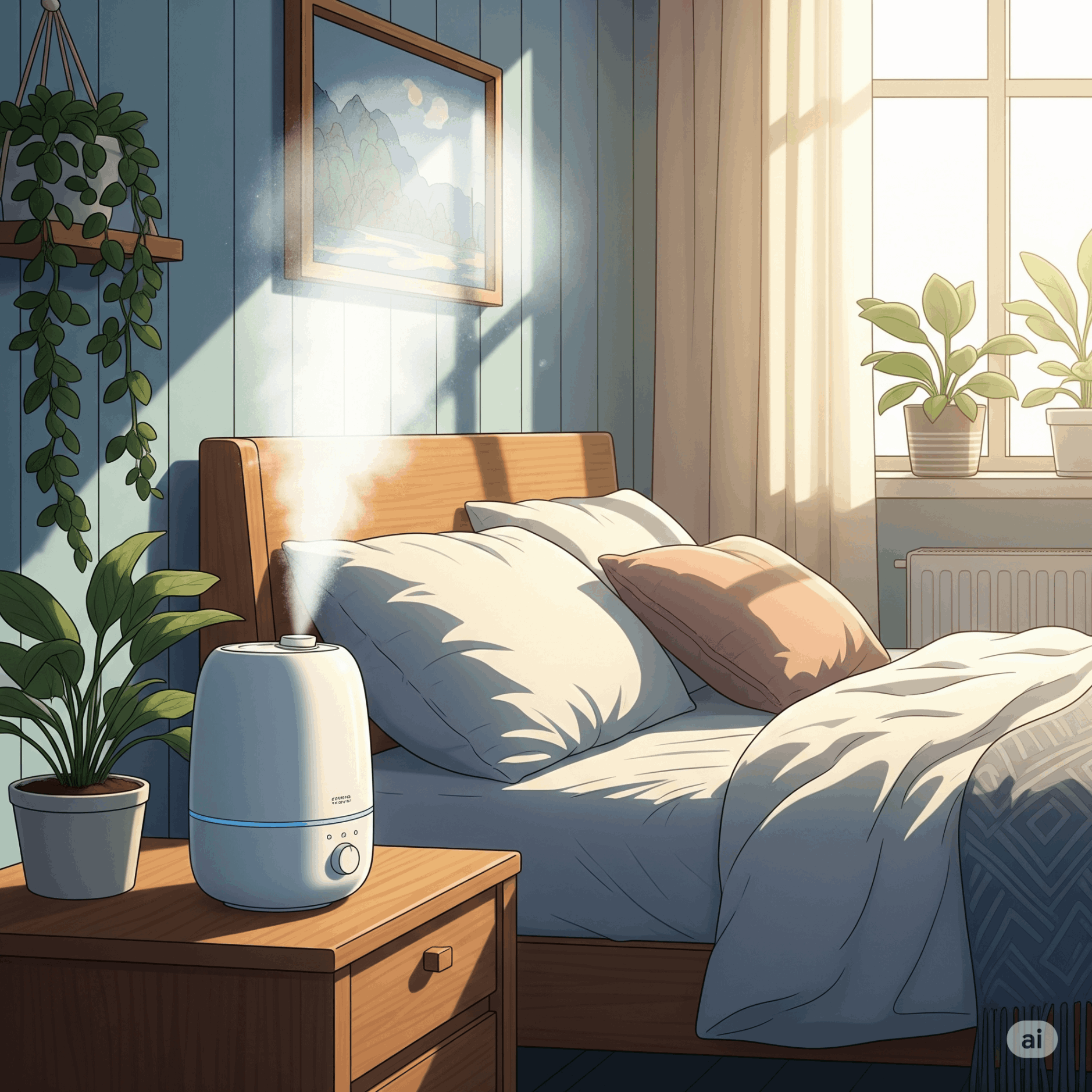部屋で加湿器が微細なミストを放出